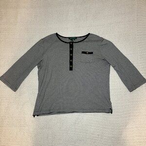 Lauren Ralph Lauren Henley Tee Black & White Stripe Women's Large 3/4 Sleeve